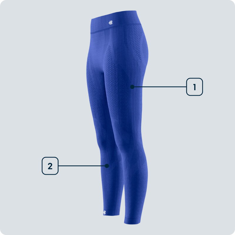 Side view of a blue women’s compression tight with highlighted functional zones on thighs and calves – technical representation of supportive structure.