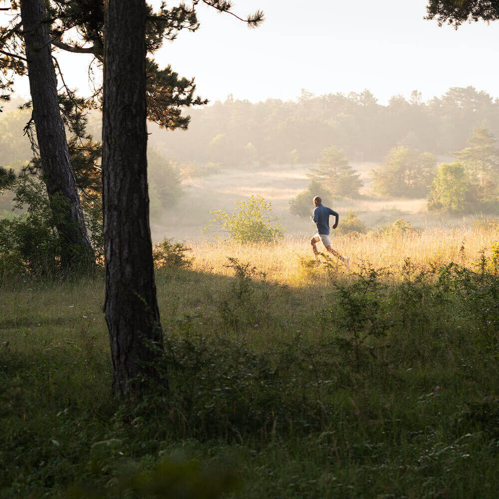 Sports in action Man runs over a meadow in the foreground a tree in the background are hills