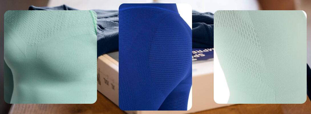 Three close-up shots of mint and blue compression shirts and tights, highlighting the structured fabric surface and functional zones for targeted muscle support – captured in a natural setting.