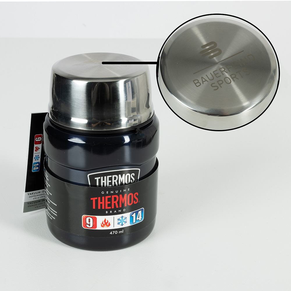 A black thermos food container with the engraved Bauerfeind Sports logo on the lid. A close-up of the lid clearly shows the logo.