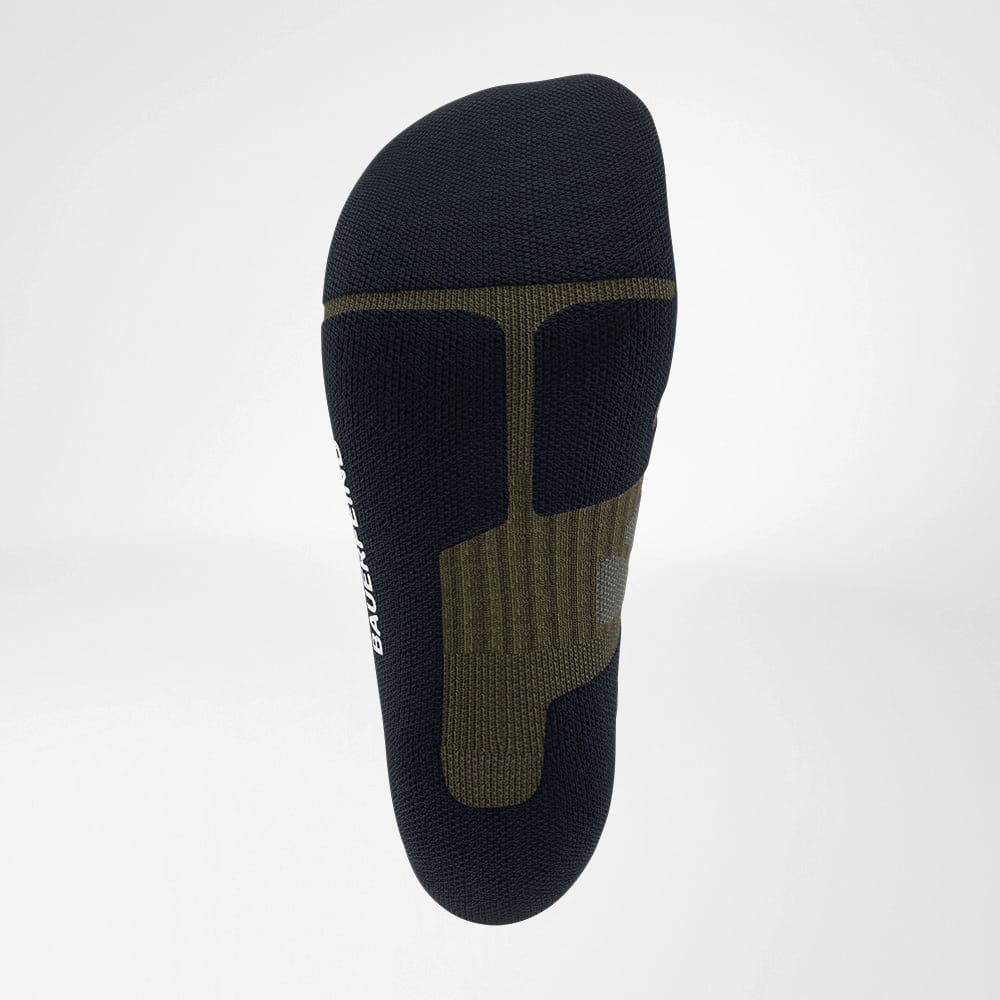 View of the merino hiking socks from below in dark green