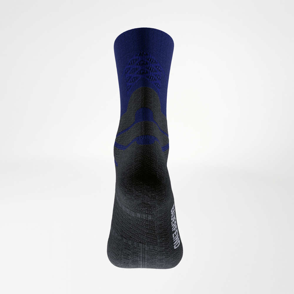 Rear view of the blue Run Performance Mid Cut Sock with black foot area and special knit structure to support the midfoot.