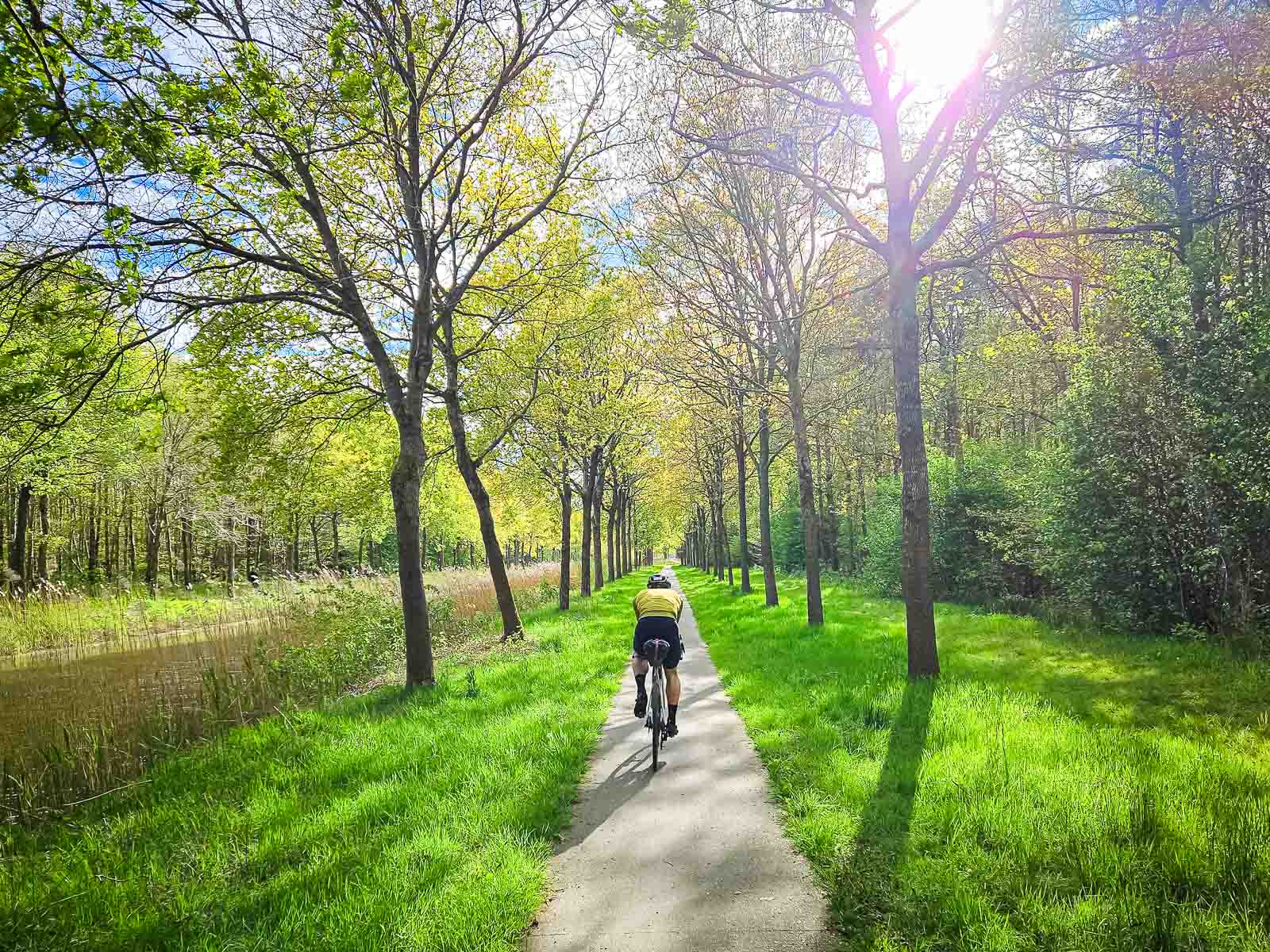 A participant in the Race around the Netherlands takes a long route along a canal