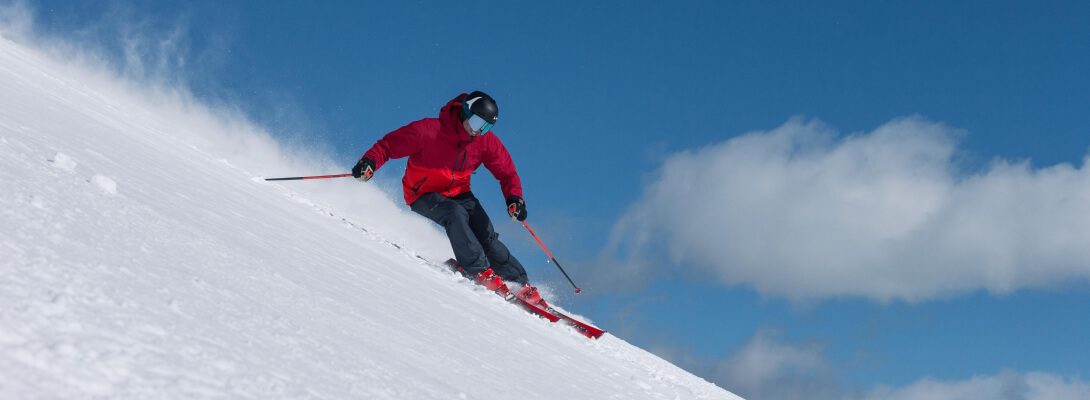 Skier with red jacket in powder snow on downhill skis