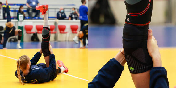 Two -divided picture: Volleyball player is on the ground and stretches your leg close to your knee on the left with a kneeboard on the right