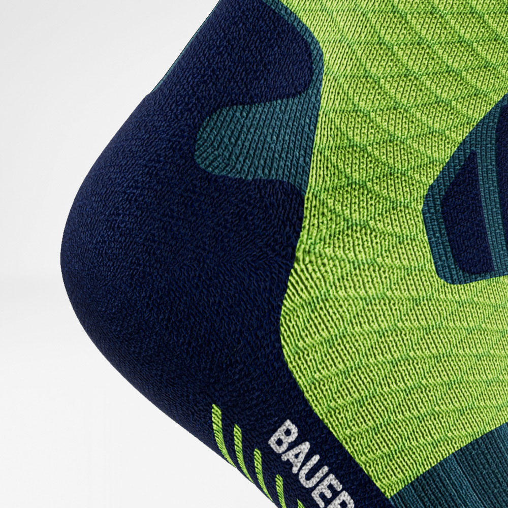 Detailed recording heel protection zone of the blue -green medium -length trail run - running socks