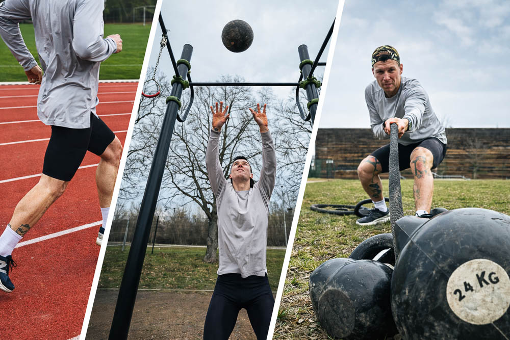 Three-panel collage: athlete runs on a track, stands under an outdoor rig with a ball in the air, and drags kettlebells across a field.