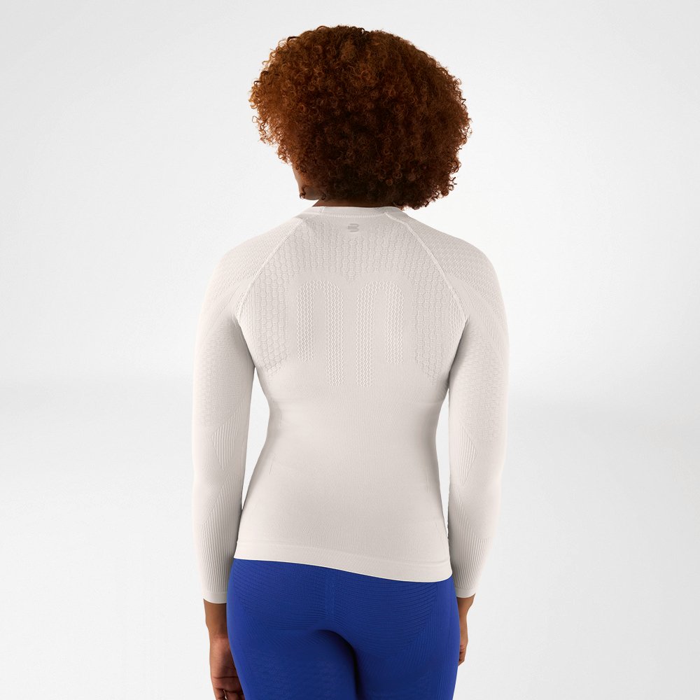 Back view of a silver-grey, close-fitting long sleeve shirt with textured design