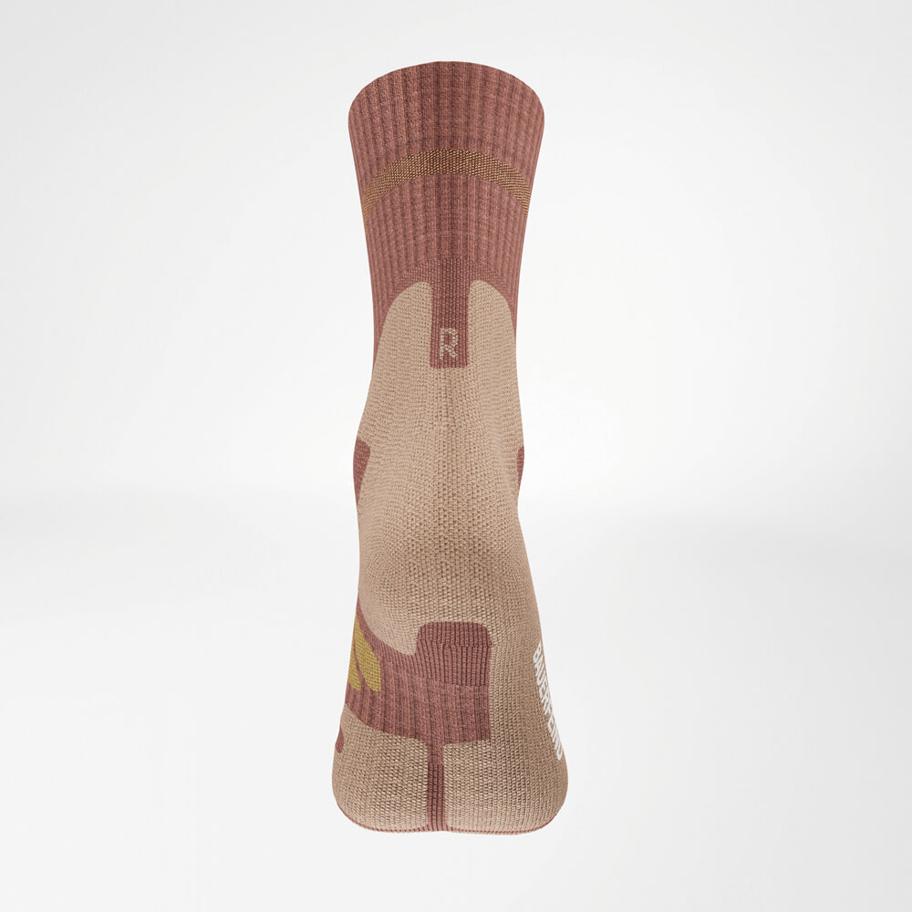 Close-up of the Merino Outdoor Socks from the rear view. The high-quality finish of the heel and shaft highlights the durable structure and superior comfort, ideal for outdoor activities.