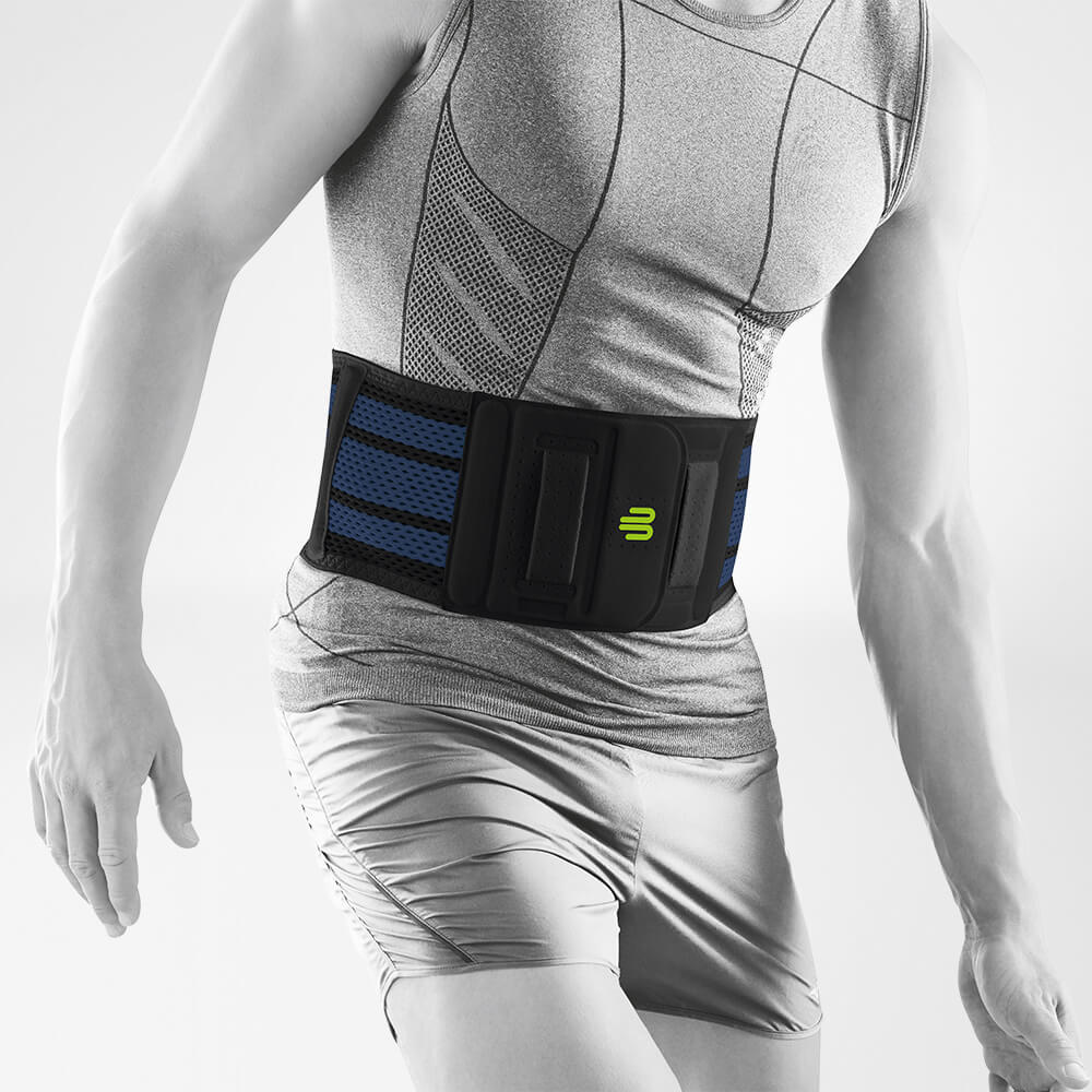 Back bandage black front view The front view of a black sports bandage for the back on a stylized gray body