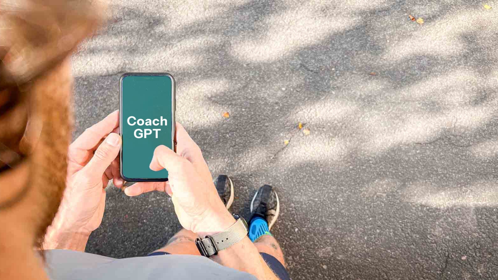 A runner holds a smartphone displaying "Coach GPT." The scene highlights the use of AI technology for support during running training.