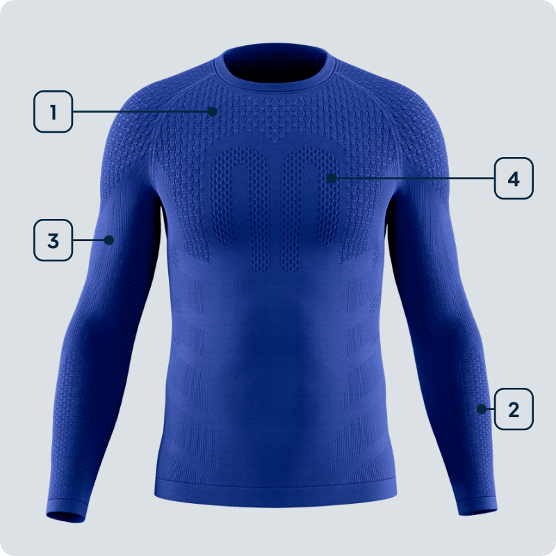 Technology meets power – The compression shirt for maximum muscle control Front view of a blue long-sleeve men's compression shirt with marked functional zones for shoulder, arm, forearm, and chest – highlighting the shirt’s technical structure.