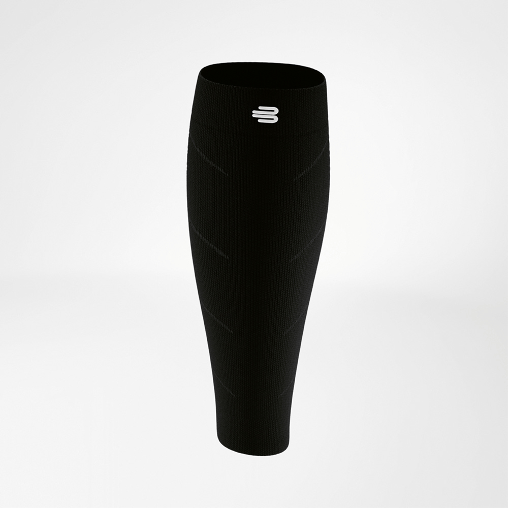 Black calf compression sleeve shown in a side view, with a subtle knit pattern visible in the fabric. The material fits tightly and highlights the anatomical shape of the lower leg.