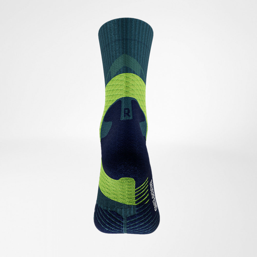 Back view of the blue -green medium -length trail run - running socks