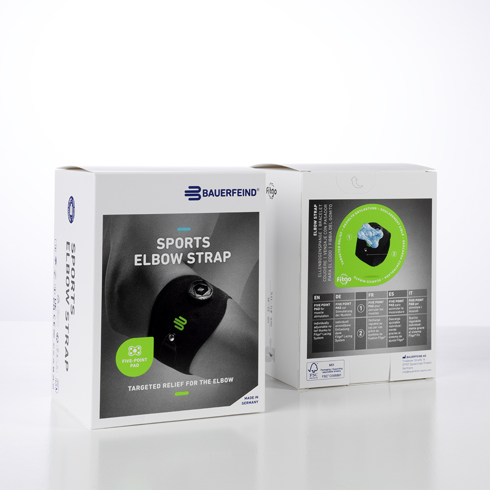 Packaging image of Sport Elbow Strap with a black product image