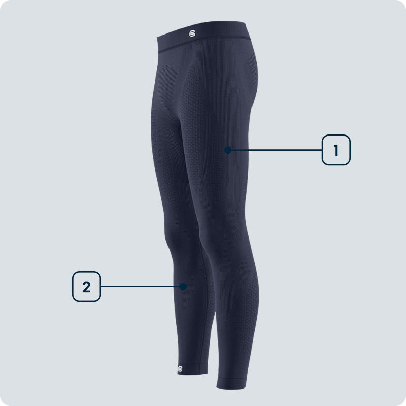 Side view of a black men's compression tight with highlighted functional zones on thighs and calves – focused on targeted muscle support.