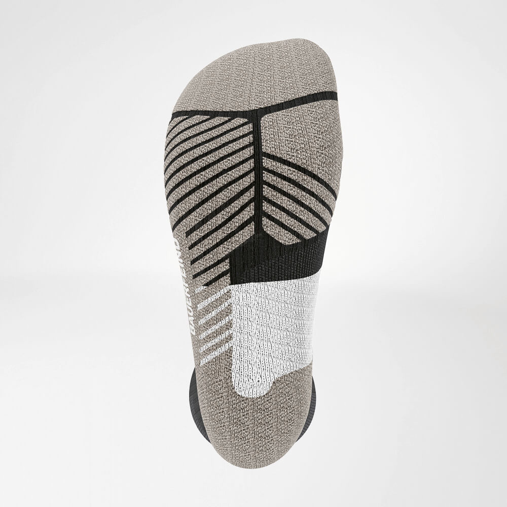 View from below - detailed view of the relief brine of the trail run - running socks black -white