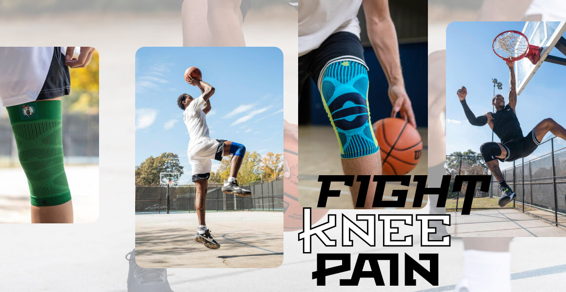 A collage of four images shows basketball players jumping, dunking, and dribbling. The focus is on knee supports in different colors used during play.
