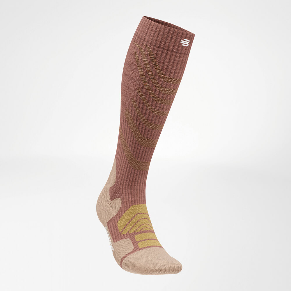Angled view of the Merino Outdoor Socks from the front left. The innovative blend of merino wool and ergonomic design makes them perfect for intense outdoor activities.