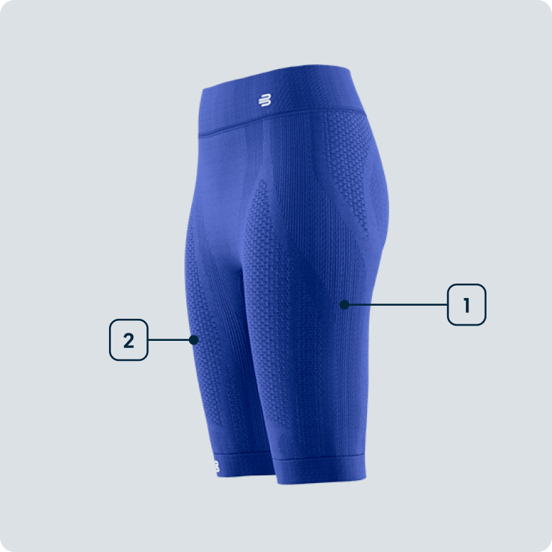 Side view of a blue women’s compression short with highlighted functional zones on glutes and thighs – showing targeted muscle support.