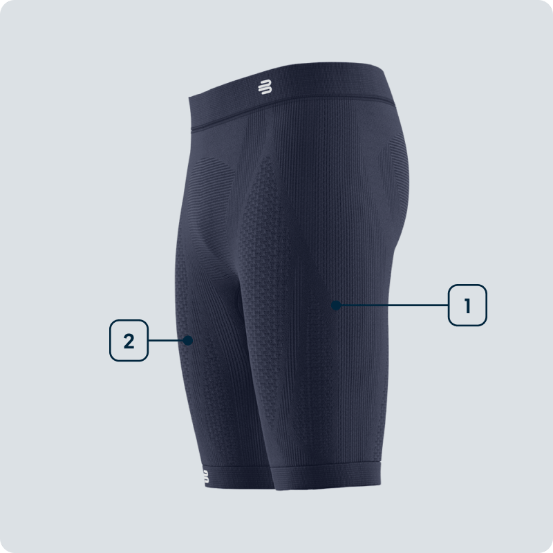 Side view of black men's compression shorts with highlighted zones for thigh and glute muscle support – showcasing functional fit.