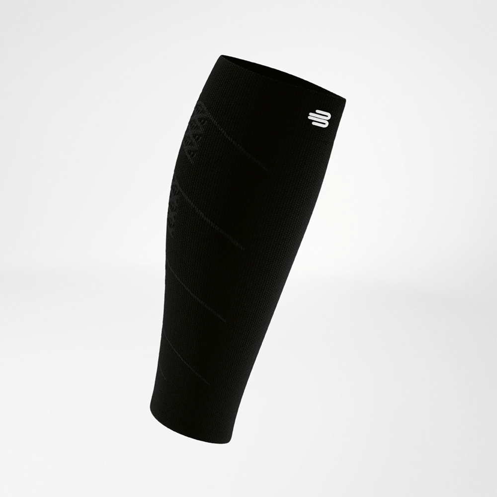 Full view of a black compression sleeve, minimal design with logo and functional fabric for reliable support.