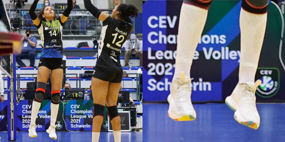 Two-part picture: Two volleyball players on the network when preparing an attack on the left close-up of the lower leg with white calf Sleeves on the right