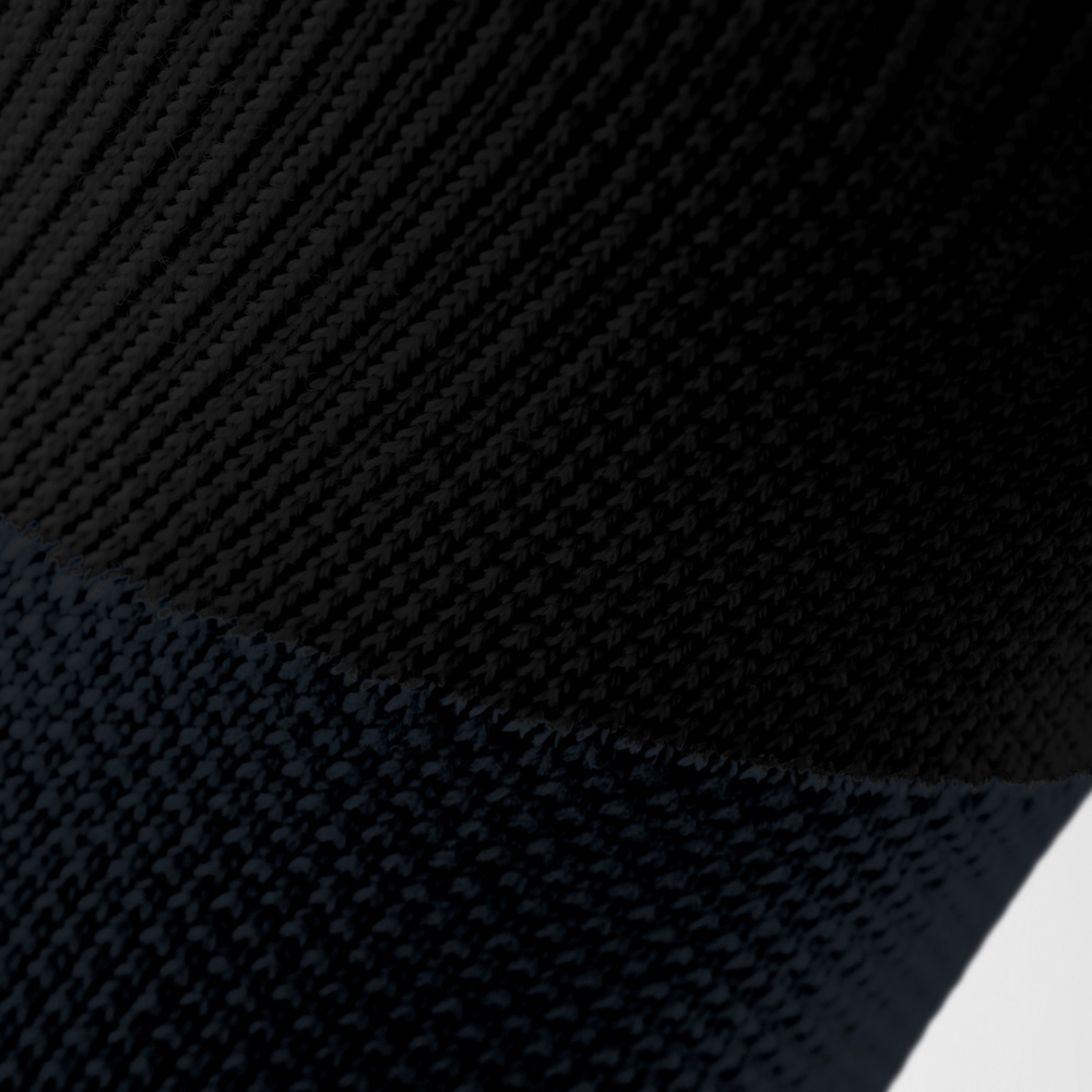 Close-up view of the knitted fabric structure of the black Bauerfeind Sports Outdoor Compression Ankle Support, showing differentiated compression zones designed to stabilize the ankle, neutral background.