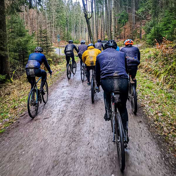 Matsch, Schweiß und Teamgeist – wenn die Fitness-Challenge ins Gelände führt! Eine Gruppe von Radfahrern fährt auf einem schlammigen Waldweg entlang, umgeben von hohen Nadelbäumen. Die Fahrer sind von hinten zu sehen und tragen wetterfeste Kleidung und Helme.