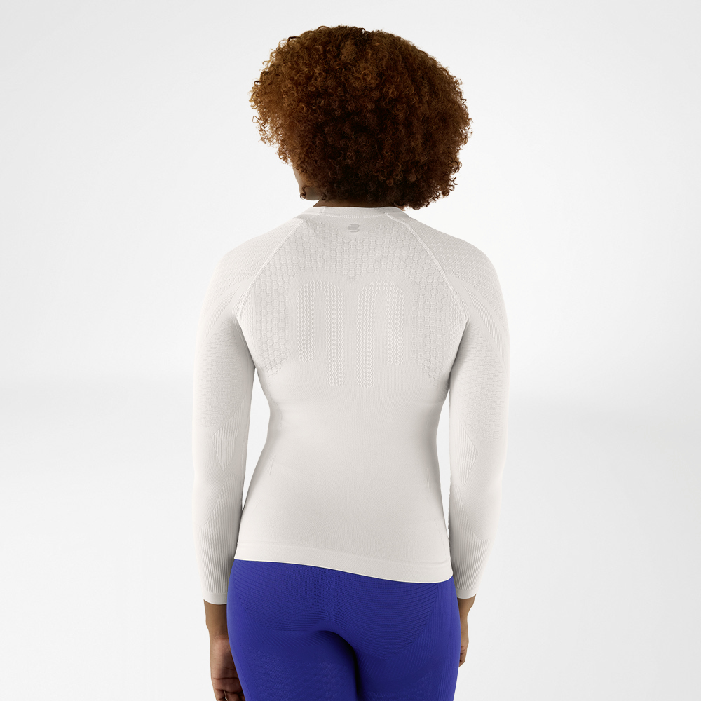 Back view of a silver-grey, close-fitting long sleeve shirt with textured design