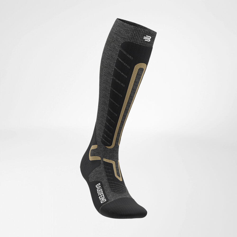 Side front view of grey sports socks for Alpine skiing with merino wool
