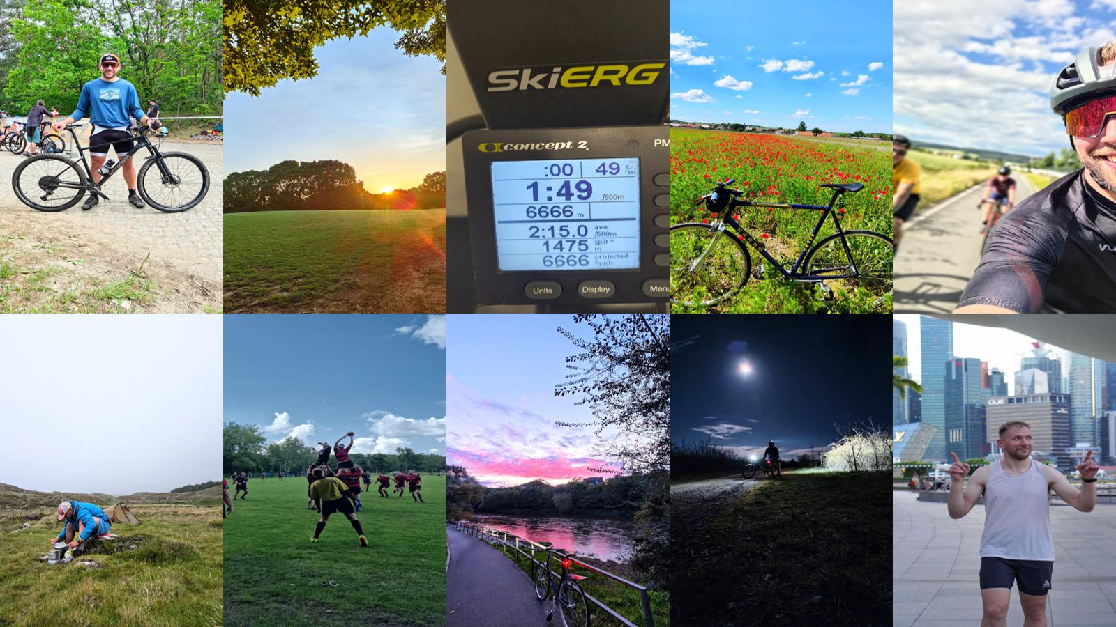 Matsch, Schweiß und Teamgeist – wenn die Fitness-Challenge ins Gelände führt! Eine Collage aus zwölf Bildern, die verschiedene sportliche Aktivitäten zeigen, darunter Radfahren bei Nacht, Outdoor-Training, ein Sonnenaufgang auf einem Feld, ein SkiErg-Trainingsgerät.