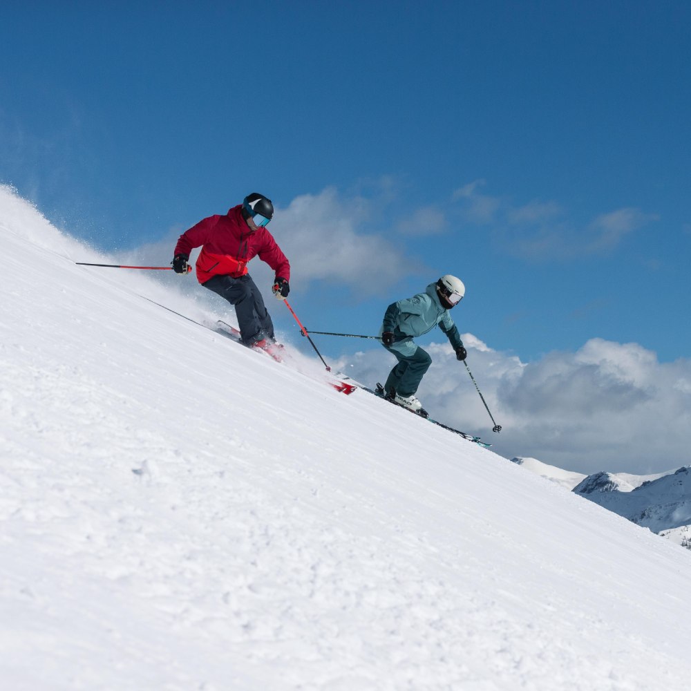 Two skiers in powder snow on downhill skis