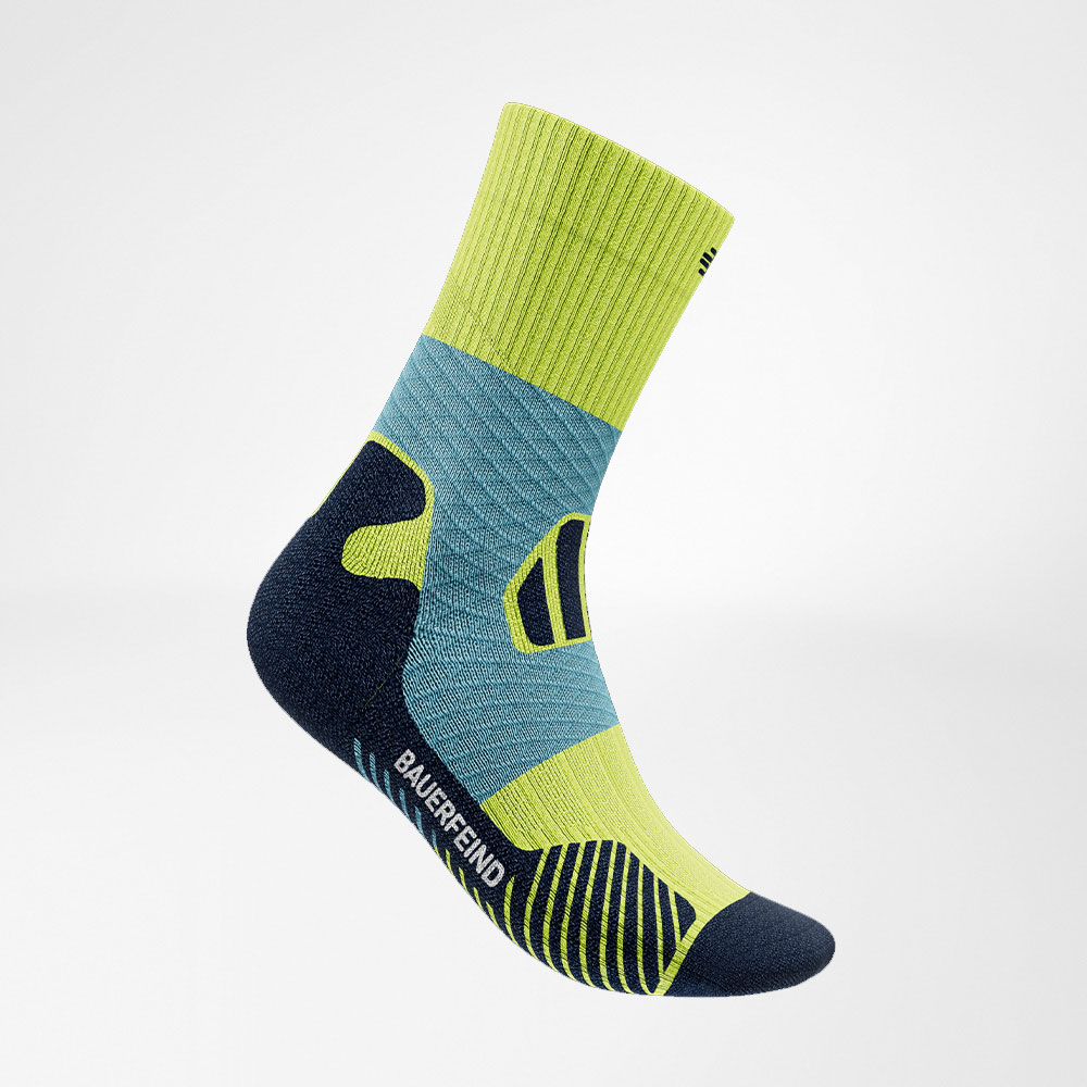 Central trail runrun running socks blue-yellow side view Side view of the blue -yellow medium -length trail run - running socks