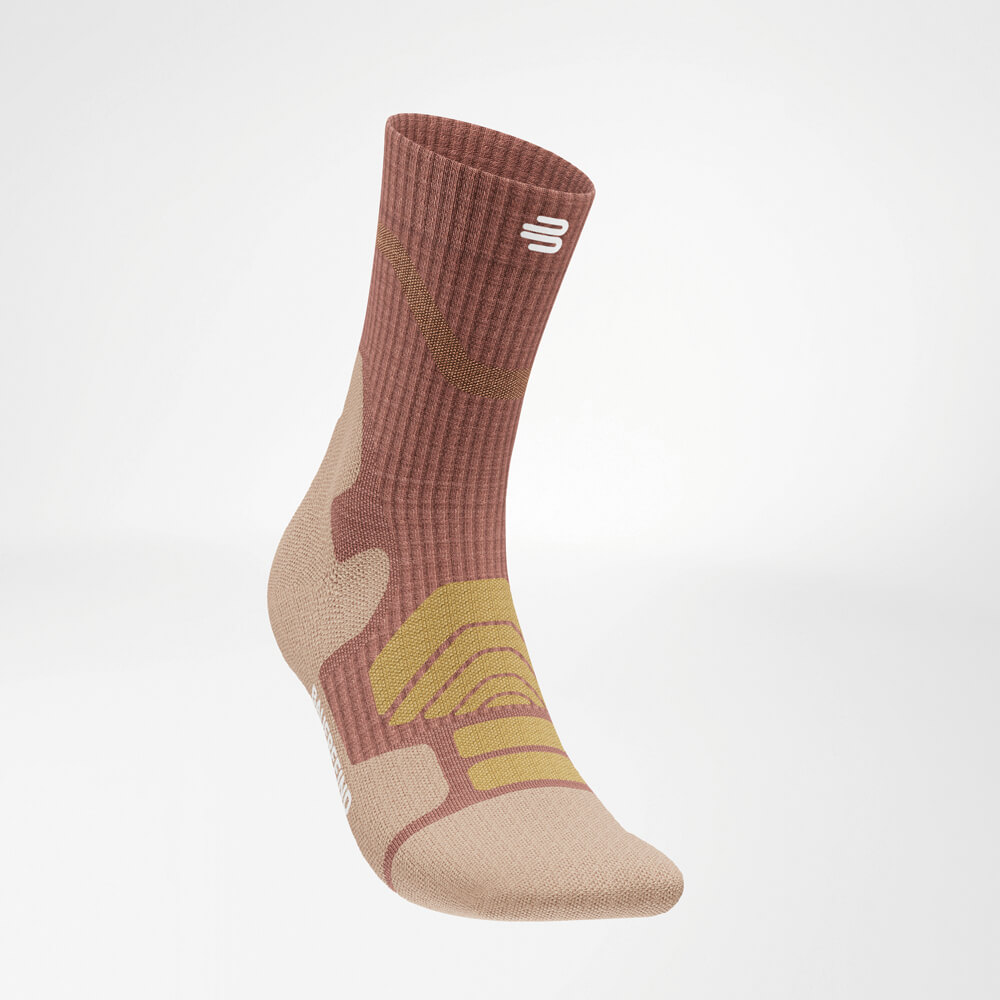 The Merino Outdoor Socks in an angled front view showcasing the stylish design and functional details, including reinforcements and breathable material. Perfect for demanding outdoor adventures.
