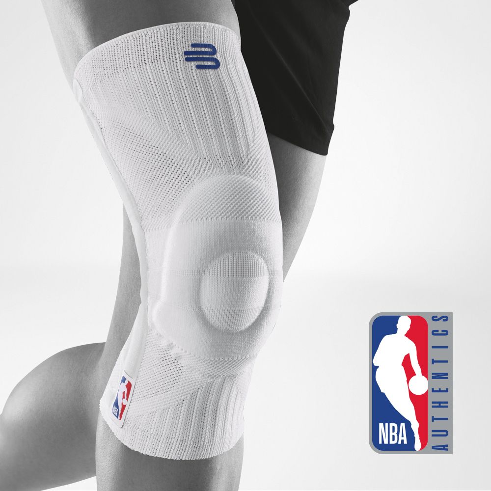 Complete view of the white Knee Support NBA on the stylized gray body with an additional NBA logo in the picture