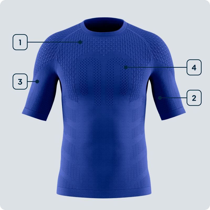 Front view of a blue short-sleeve men’s compression shirt with highlighted functional zones at shoulders, upper arms, chest, and sides – technical visualization.