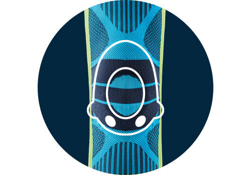 Frontal recording of the middle part of the Knee Support Sports on dark blue background with the stylized drawing of the Pelotte