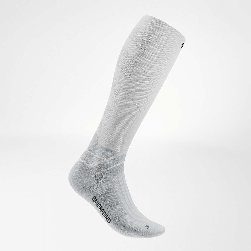 Side view of the white Run Performance Socks Long, right sock with visible compression zones and prominent structure across the instep.