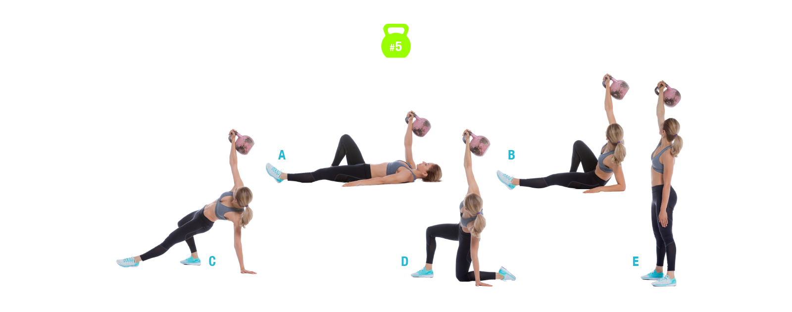 Woman shows the Turkish Get Up with the kettlebell in 5 steps