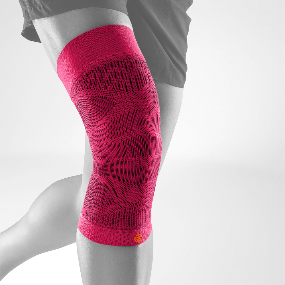 Complete view of the Pink Knee Sleeves on a stylized gray leg