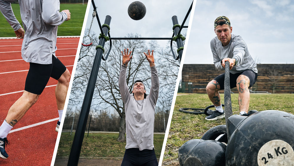 Three-panel collage: athlete runs on a track, stands under an outdoor rig with a ball in the air, and drags kettlebells across a field.