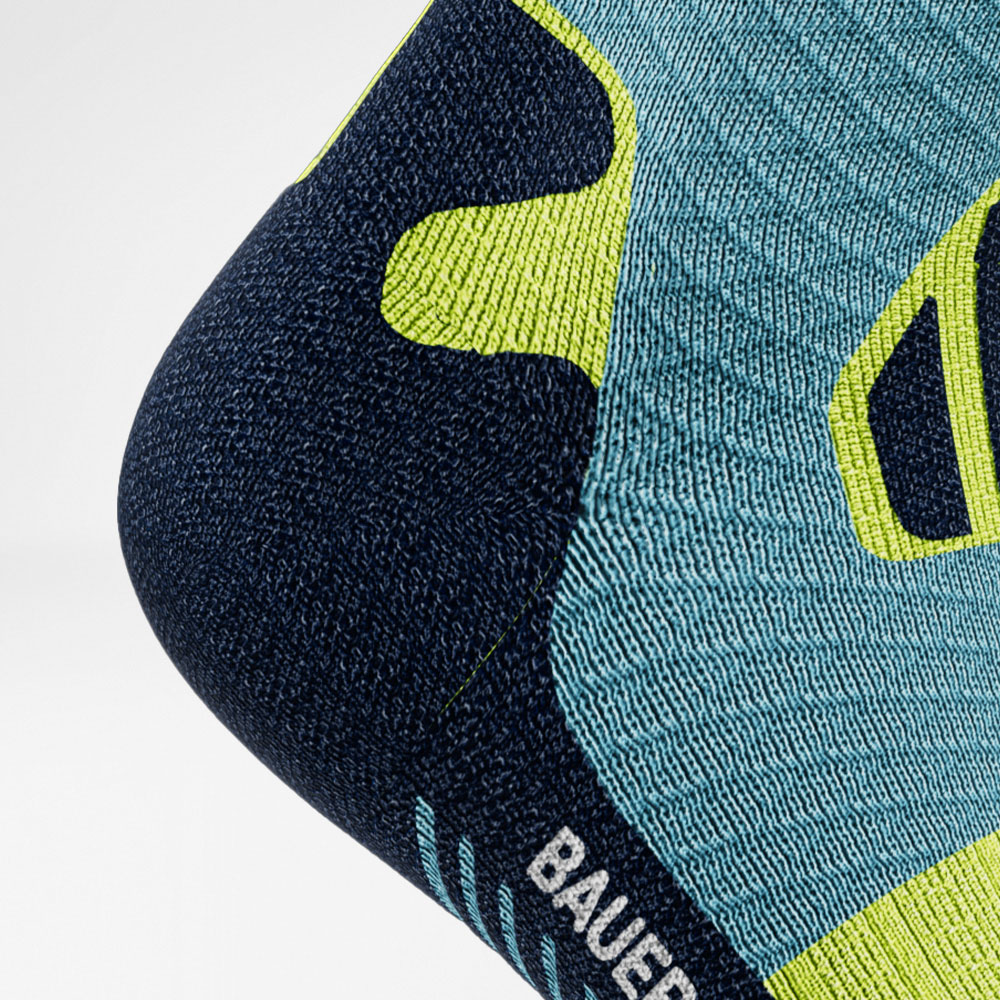 Trailrun running socks Blue-yellow Detail Heel Protection Detailed view heel of the blue and yellow trail run - running socks