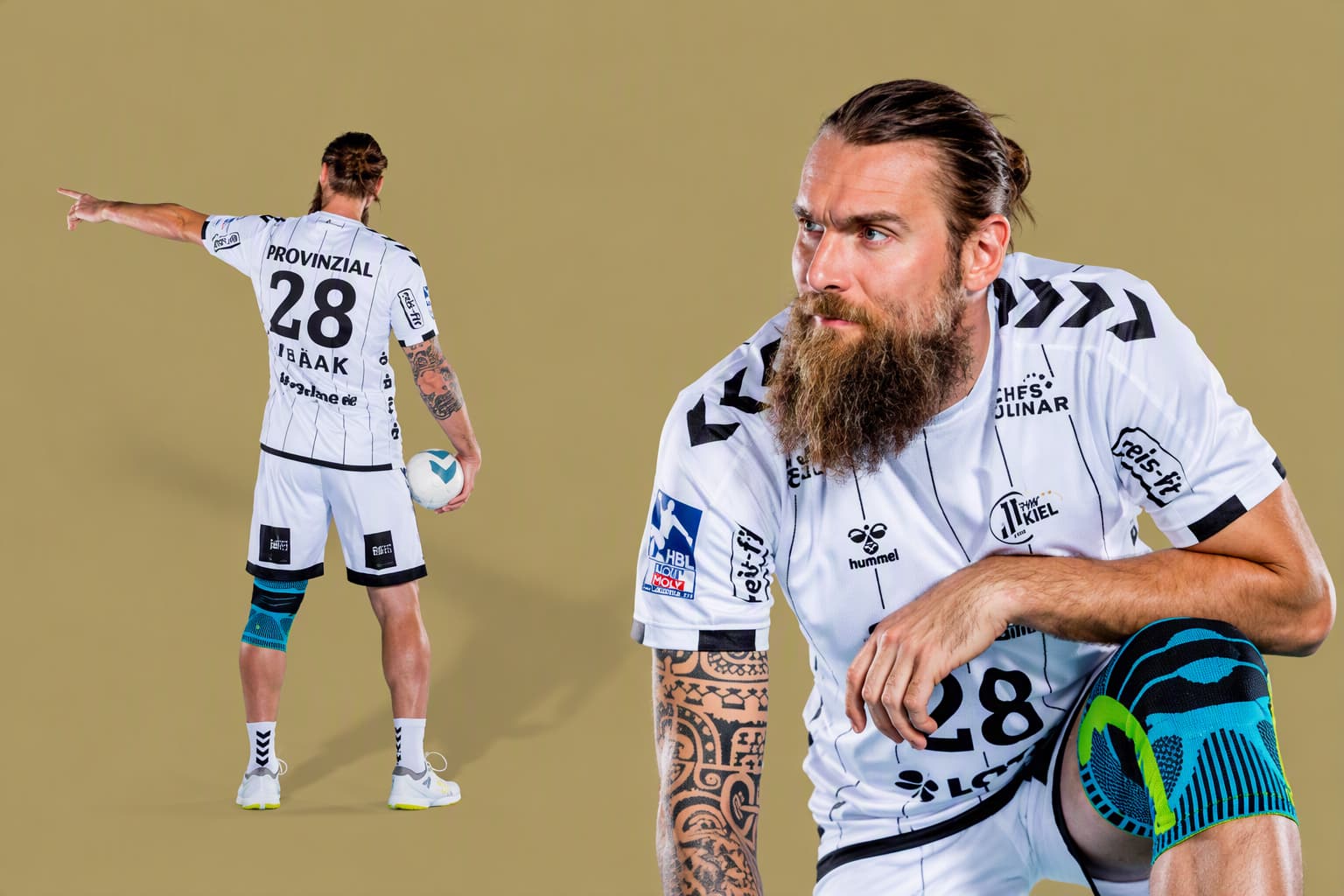 Handball player from the THW Kiel in image assembly from front and back with the Sports Knee Support