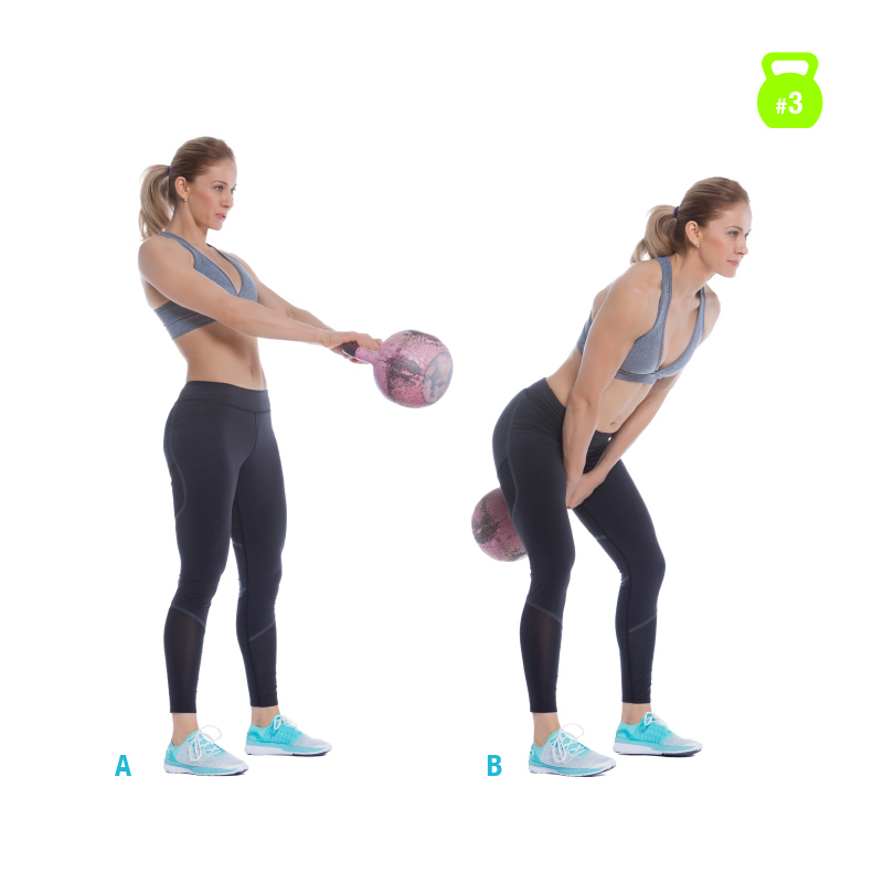 Woman makes a Russian swing with the kettlebell