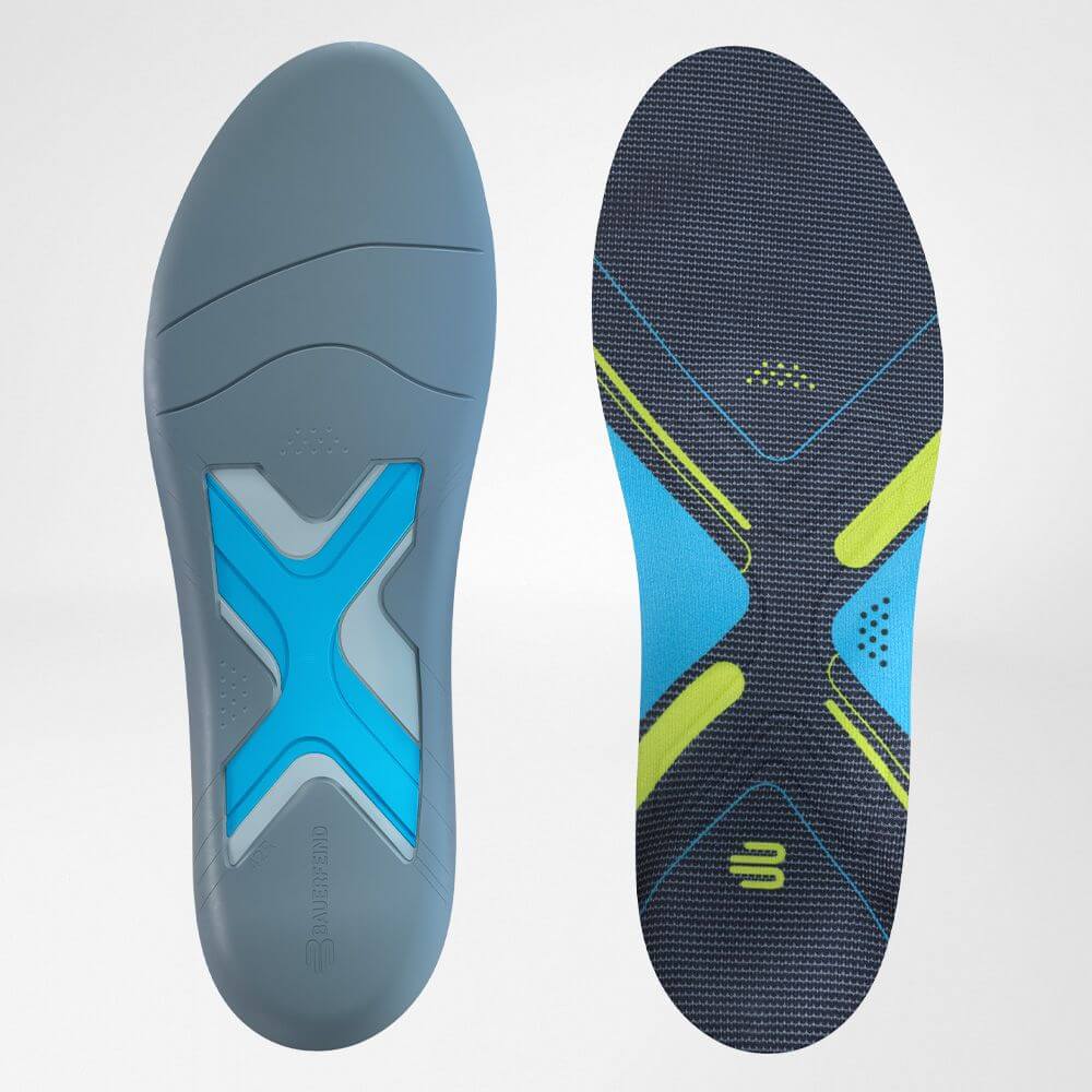 Sports in front and rear views Two insoles lying next to each other for running shoes one in the front and rear view
