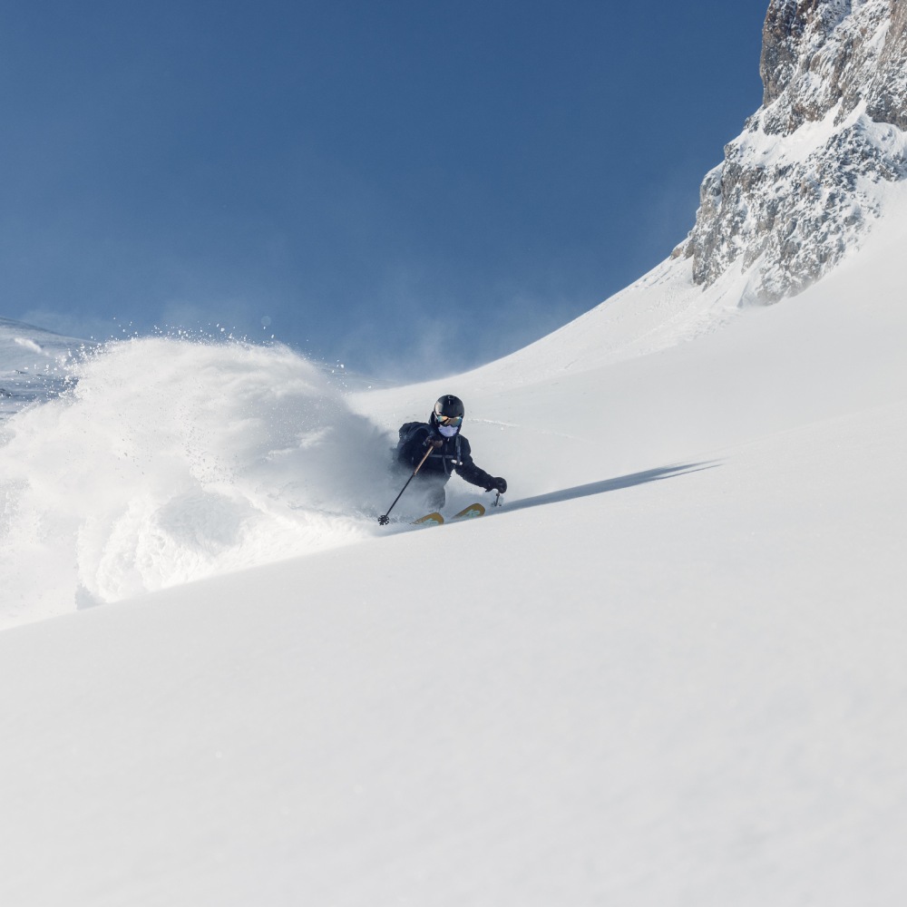 Skier in powder snow on downhill skis