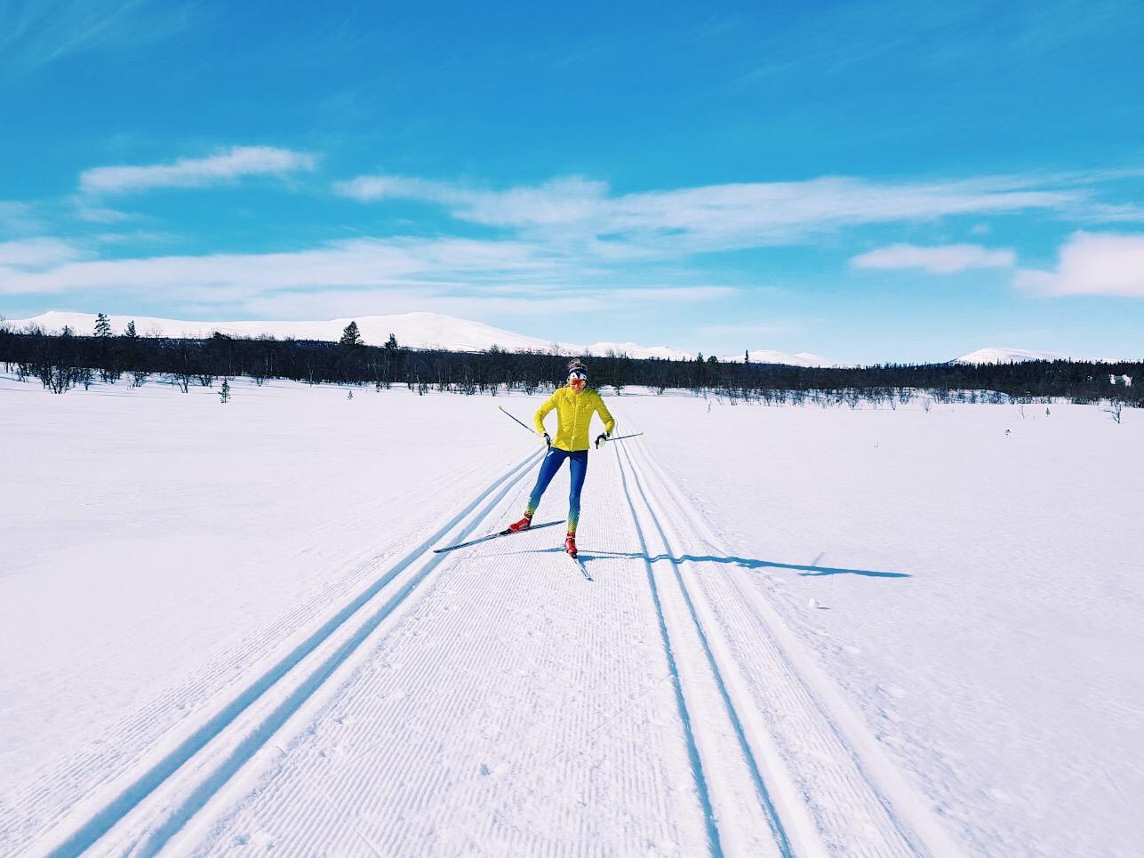 A long runner in a yellow jacket at the double -decker thrust between two trails in the winter landscape with a blue sky