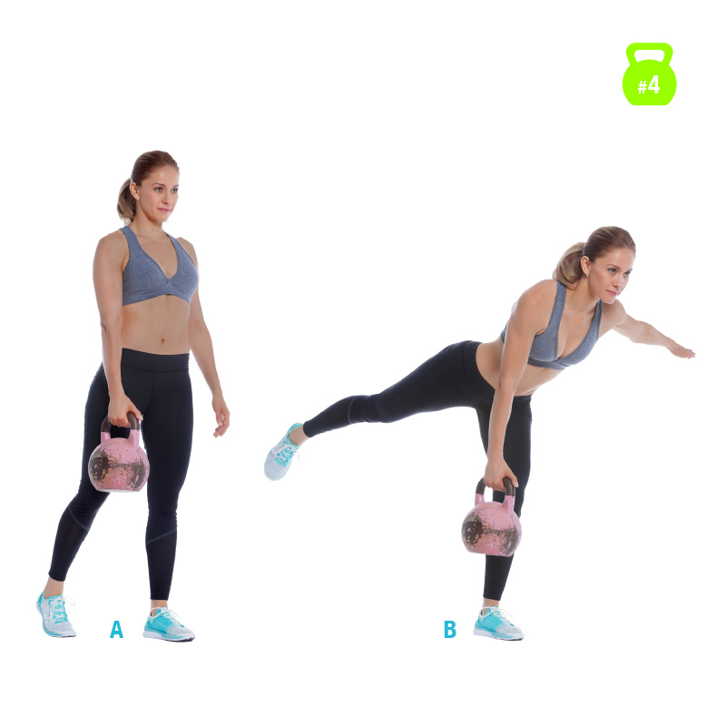 Woman makes a one leg Row with the kettlebell