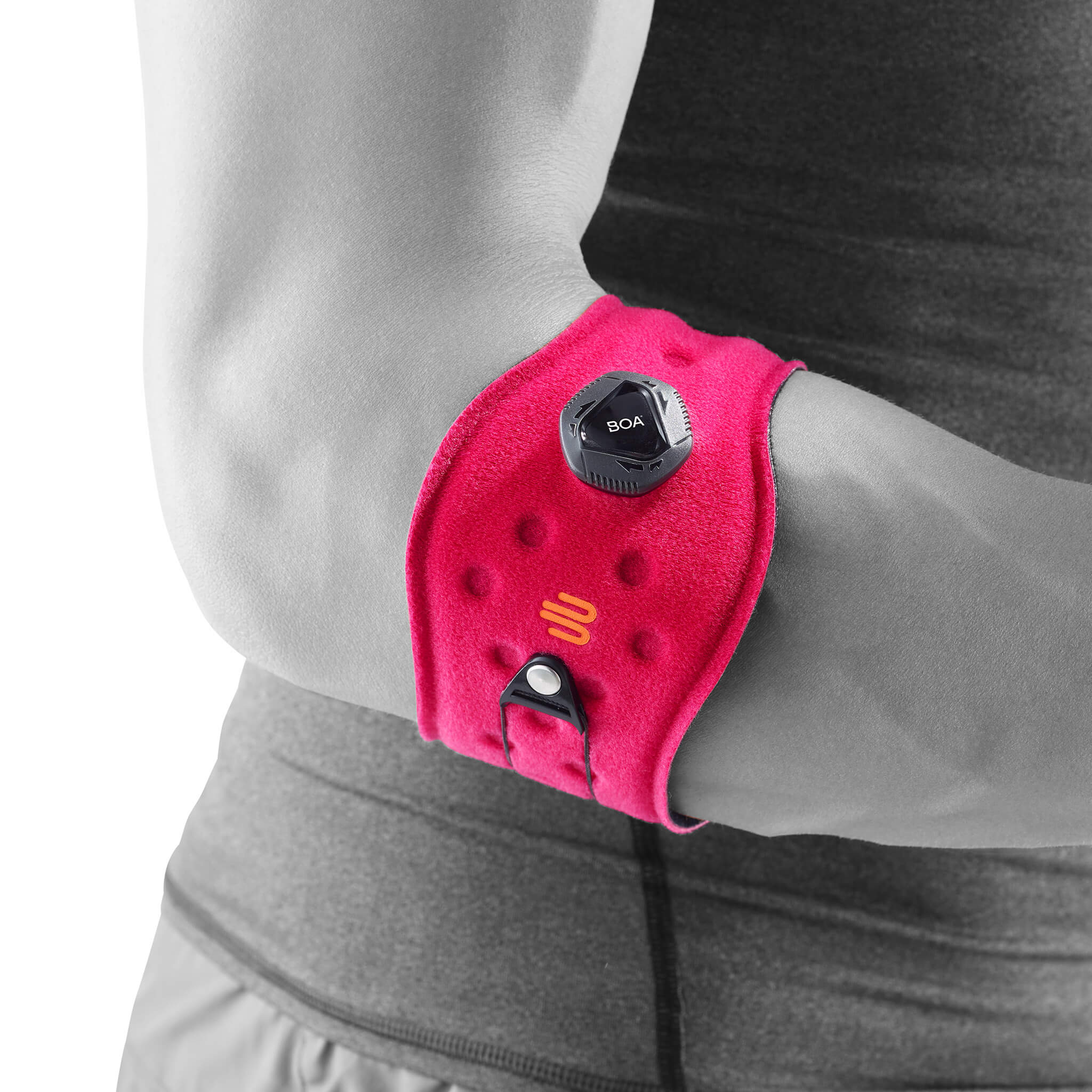 Completion of the pink elbow clip on the stylized gray body